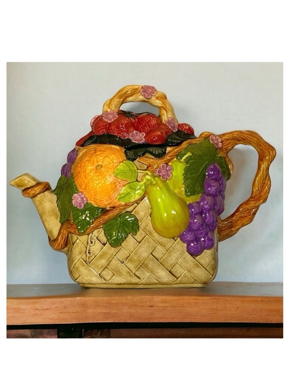 Vintage Large Hand Crafted Teapot Fruit Lattice Basket Artisanal Ceramic 1994
